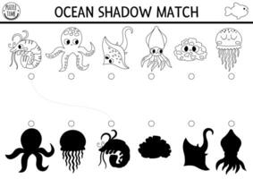 onder de zee zwart en wit schaduw bij elkaar passen werkzaamheid. oceaan lijn puzzel met schattig Octopus, inktvis, kwallen, spons. vind correct silhouet afdrukbare werkblad. water dieren kleur bladzijde vector