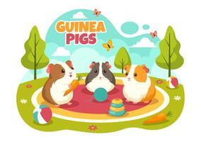 Guinea varken illustratie met divers hamster rassen in groen velden in een vlak schattig kinderen tekenfilm stijl achtergrond ontwerp vector