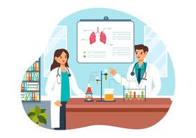 medisch school- illustratie met studenten luisteren naar een lezing en aan het leren wetenschap in een klas in een vlak tekenfilm stijl achtergrond vector