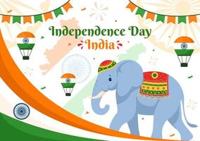 gelukkig onafhankelijkheid dag Indië illustratie Aan 15e augustus met de Indisch vlag in een nationaal vakantie vlak tekenfilm stijl achtergrond vector