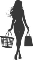 silhouet Dames met boodschappen doen mand vol lichaam zwart kleur enkel en alleen vector