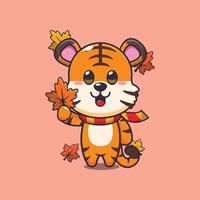 schattig tijger Holding herfst blad vector