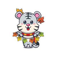 schattig wit tijger met herfst blad decoratie. mascotte tekenfilm illustratie geschikt voor poster, brochure, web, mascotte, sticker, logo en icoon. vector