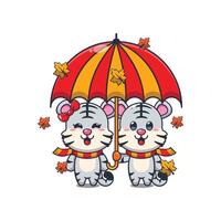 schattig paar wit tijger met paraplu Bij herfst seizoen. mascotte tekenfilm illustratie geschikt voor poster, brochure, web, mascotte, sticker, logo en icoon. vector