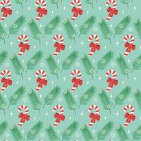 snoep riet met rood lint boog pijnboom twijgen sneeuwvlokken en decoratief sterren naadloos Kerstmis patroon vector