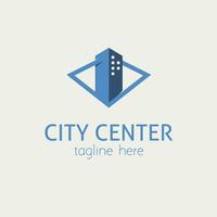 downtown logo ontwerp. met een venster de midden- blauw vector