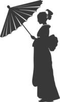 silhouet onafhankelijk Japans Dames vervelend kimono met paraplu zwart kleur enkel en alleen vector
