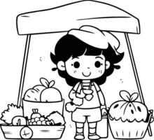 illustratie van een schattig weinig jongen verkoop groenten Bij een markt kraam vector