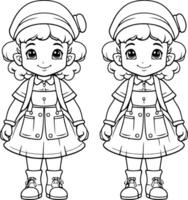 kleur bladzijde schets van tekenfilm meisje in winter kleren. vector
