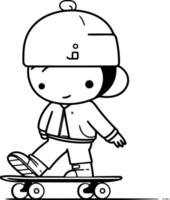 schattig weinig jongen rijden een skateboard. lijn illustratie. vector