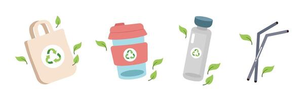 reeks van eco vriendelijk serviesgoed items glas pot met omslag, herbruikbaar koffie beker, metaal drinken rietjes, katoen tas. nul verspilling concept. illustratie in tekenfilm stijl vector