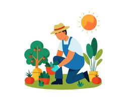 een Mens planten groenten in de zomer. een Mens tuinieren Aan een zonnig dag vector