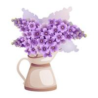lila bloemen boeket in wijnoogst beige vaas illustratie in Purper en paars kleuren. voor bloemen takken in kruik ontwerpen en voorjaar afdrukken. gedetailleerd tekenfilm tekening vector