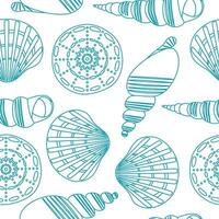 waterverf zee schelpen blauw wit naadloos patroon. hand- getrokken schelpen oceaan kleur. marinier illustratie. afdrukken voor behang, kleding stof, textiel, inpakken. wit achtergrond vector
