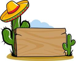 blanco houten wegwijzer achtergrond in de Mexicaans woestijn met cactus planten en een mariachi sombrero hoed. vector