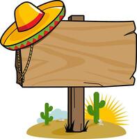 blanco uithangbord met mariachi sombrero hoed achtergrond. een houten wegwijzer in de Mexicaans woestijn met cactus en een sombrero. vector