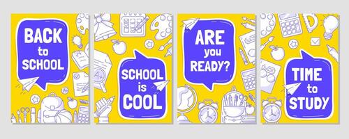 reeks van terug naar school- poster, geel modern minimalistische ontwerp met school- benodigdheden lijn pictogrammen, blauw toespraak bubbels. opleiding, aan het leren, kennis concept. a4. voor banier, omslag, web, folder vector