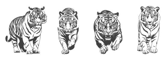 tijger silhouet set, zwart en wit ontwerp, gegenereerd ai vector