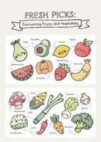 schattig kawaii fruit en vegetarisch poster afdrukbare voor kinderen onderwijs pret aan het leren vector