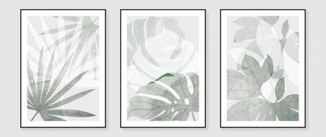 wijnoogst stijl gebladerte muur kunst sjabloon. verzameling van hand- getrokken bladeren met groen waterverf textuur, blad tak, monstera. botanisch poster reeks voor muur decoratie, interieur, behang, spandoek. vector