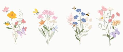 reeks van botanisch boeket element. verzameling van libel, bij, vlinder, bloemen, wilde bloemen, wild gras. waterverf bloemen illustratie ontwerp voor logo, bruiloft, uitnodiging, decor, afdrukken. vector