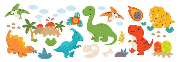 schattig dinosaurussen set. hand- getrokken tekening triceratopen, stegosaurus, tyrannosaurus, diplodocus, pterosauriër. dinosaurus grappig karakter ontwerp voor kinderen, afdrukken, kleren, poster, opleiding, edutainment. vector