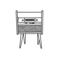 apparaten en uitrusting voor spelen muziek- van cassettes en vinyl verslagen. radiola Aan poten. wijnoogst muziek- speler. illustratie, hand- getrokken in zwart. voor afdrukken, interieur ontwerp, scrapbooking vector