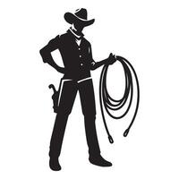 een cowboy staand met een lasso illustratie in zwart en wit vector