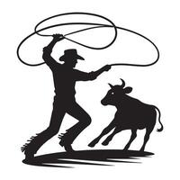 een cowboy het richten Bij een kalf met lasso illustratie in zwart en wit vector