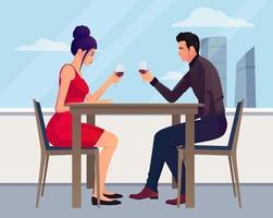 man en vrouw zitten in een restaurant rode wijn drinken met lucht en buiten uitzicht vectorillustratie. ontwerp vector