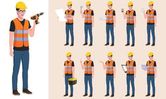bouwvakker, ingenieur tekenset met verschillende poses, gebaren en acties vector