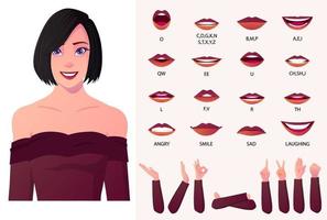 mooie mode vrouw karakter lippen-sync en gezicht animatie pack met handgebaren. vector