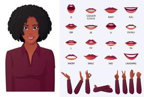 mooie afro-amerikaanse zwarte vrouw gezicht animatie en lip sync set vector