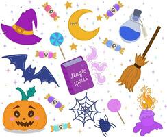 een reeks van tekens en pictogrammen voor halloween in tekenfilm stijl. traditioneel halloween elementen. een halloween reeks met schattig elementen. illustratie. illustratie vector