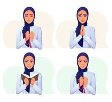 moslimvrouw, gekleed in witte jurk met blauwe hijab, lezende koran, biddend met parel en glimlach premium vectorillustratie. ontwerp vector