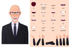 zakenman mond animatie set en lip sync set man in zwart pak met handgebaren premium vector