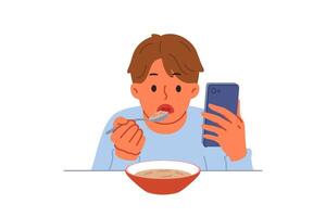 jongen lijden van digitaal verslaving eet en horloges Aan mobiel telefoon Bij dezelfde tijd vector