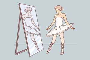 vrouw ballerina looks in spiegel met glimlach, beoefenen naar Trekken teen voordat het uitvoeren van Aan stadium vector