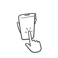 hand getrokken hand vasthouden en aanraken smartphone illustratie pictogram vector