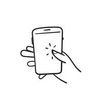 hand getrokken hand vasthouden en aanraken smartphone illustratie pictogram vector