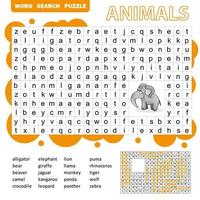 woorden zoeken puzzelspel van dieren voor kleuters activiteiten werkblad vector