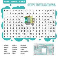 woord zoeken puzzel. vectorspel over stadsgebouwen. werkblad voor kinderen. vector