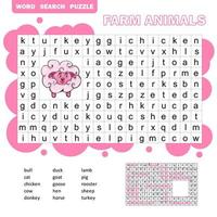 spel voor kinderen over boerderijdieren en huisdieren. woordzoekpuzzel vector