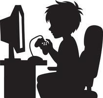 jongen spelen computer spellen, r zwart kleur silhouet vector