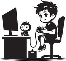 jongen spelen computer spellen, r zwart kleur silhouet vector