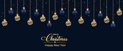 kerstbanner met blauwe en gouden decoratiebal. glanzende donkere achtergrond kerst banner met confetti. xmas sociale media banner op donkere achtergrond. xmas social media postontwerp. vector