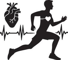 Mens rennen met elektrocardiogram en hart, silhouet zwart kleur silhouet vector