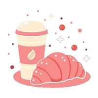 kop van koffie thee en croissant gestileerde illustratie in roze en beige kleuren, geïsoleerd Aan een wit achtergrond. vector