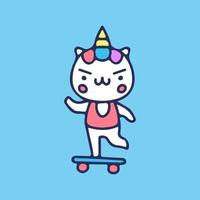 kawaii eenhoorn die een skateboardillustratie speelt. vectorafbeeldingen voor t-shirtafdrukken en ander gebruik. vector