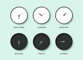 reeks van dag en nacht klok voor tijd zones verschillend steden vector